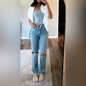 GRLFRND Light Blue Ripped Straight Leg Jeans